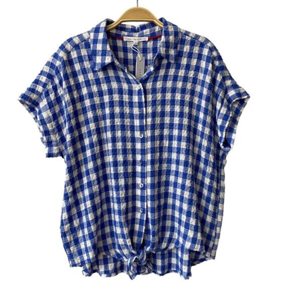 Jane + Delancey Crinkled‎ Gingham Shirt Women L Blue Knotted Hem Cowgirl Picnic